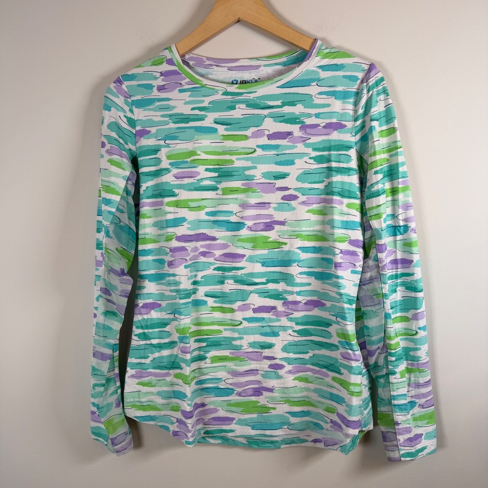 IBKUL Long Sleeve Crew Neck Shirt Top Medium Abstract Print Mesh Underarm Sporty
